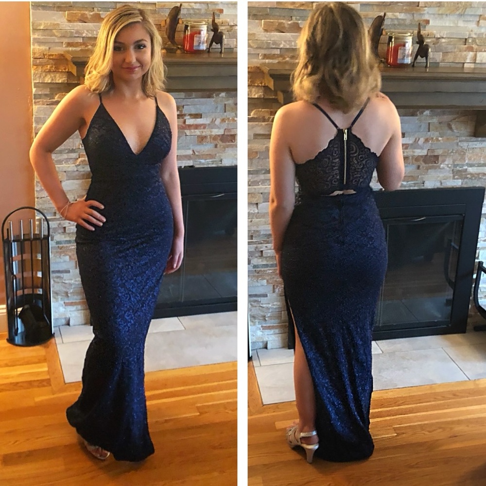 Blue lace prom dress